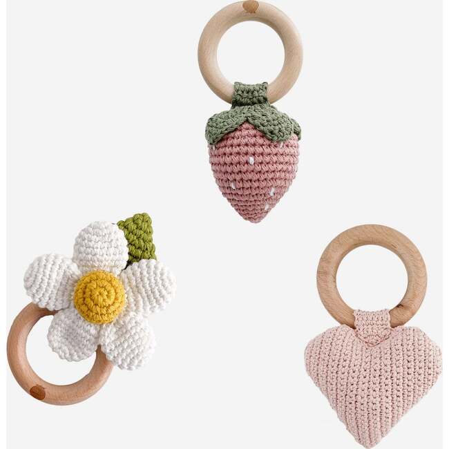 Teether Set Heart, Blush Strawberry, and White Flower