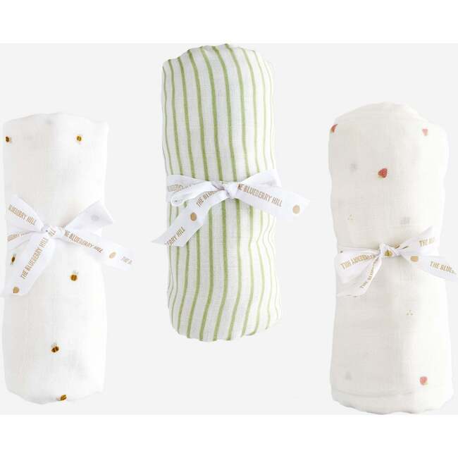 Swaddle Set, Bee, Green Stripe, and Strawberry