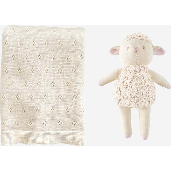 Pique Blanket and Lamb Plush Set, Cream