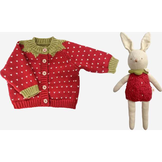 Cotton Strawberry Cardigan, Red and Bailey Bunny Plush Set