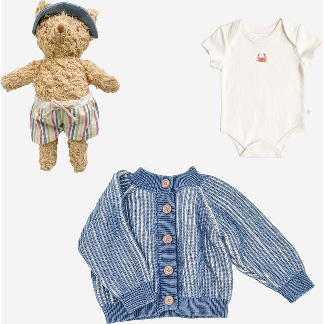 Eddie Bear Plush Toy, Crab Onesie, Blue Brioche Cardigan Set