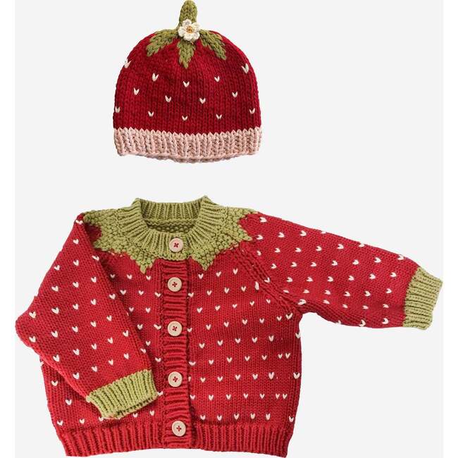 Cotton Strawberry Cardigan and Hat Set, Red