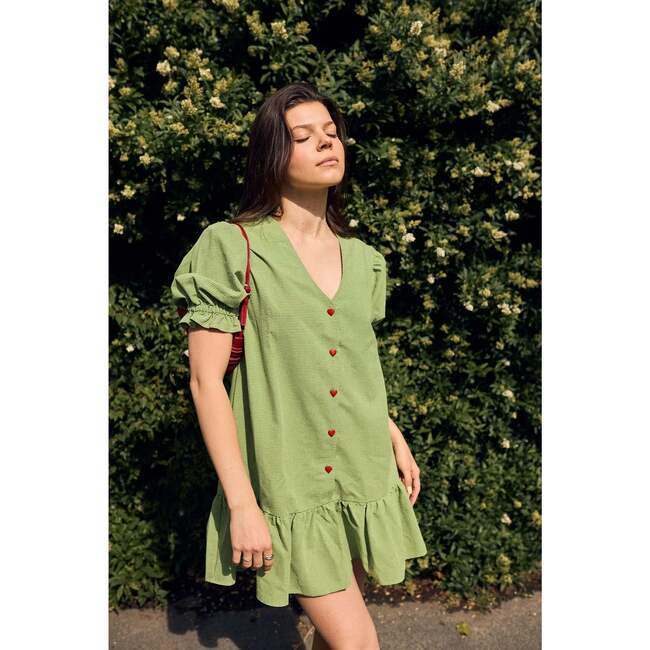 Women's Vichy Frilled Dress, Matcha Green
