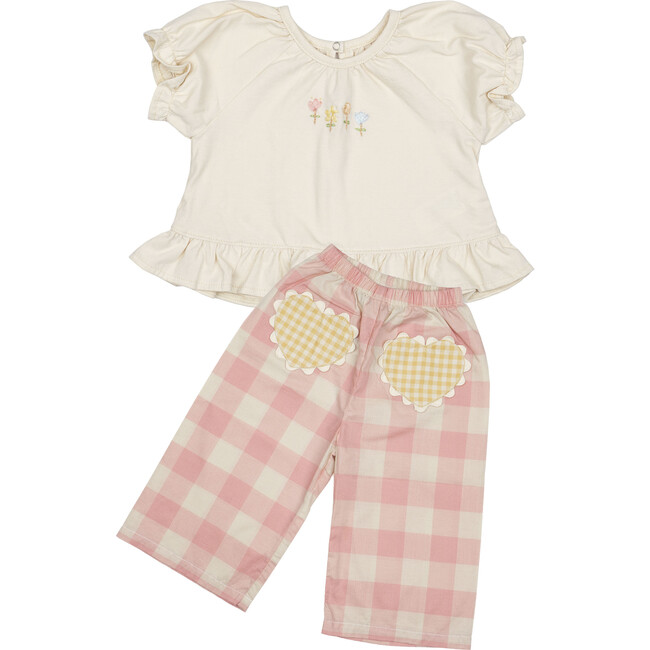 Heart Pocket Pant Set, Pink Gingham