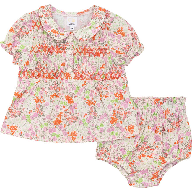 Multi Flower Print Baby Set With Front Smocking Lilac