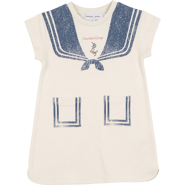 Sailor Collar Printed Dress Cream/Navy