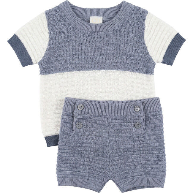 Mutli Textured Contrast Knit Shorts Set Blue Grey