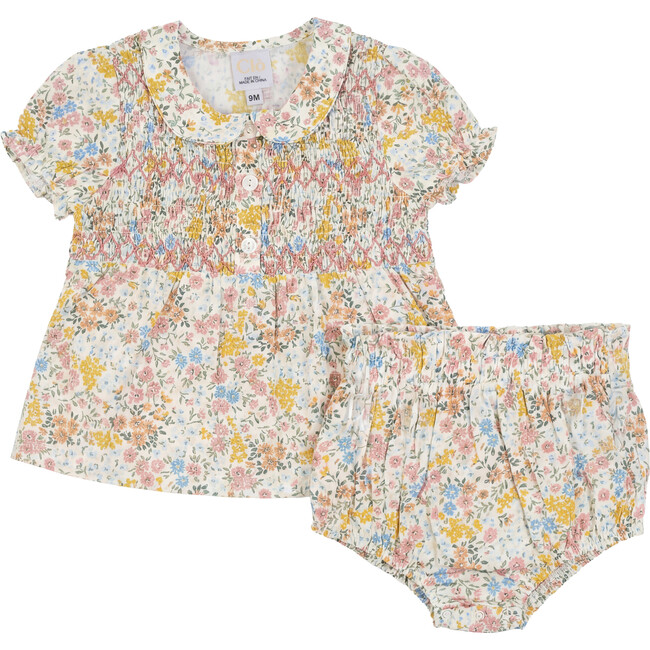 Multi Flower Print Baby Set With Front Smocking Pink