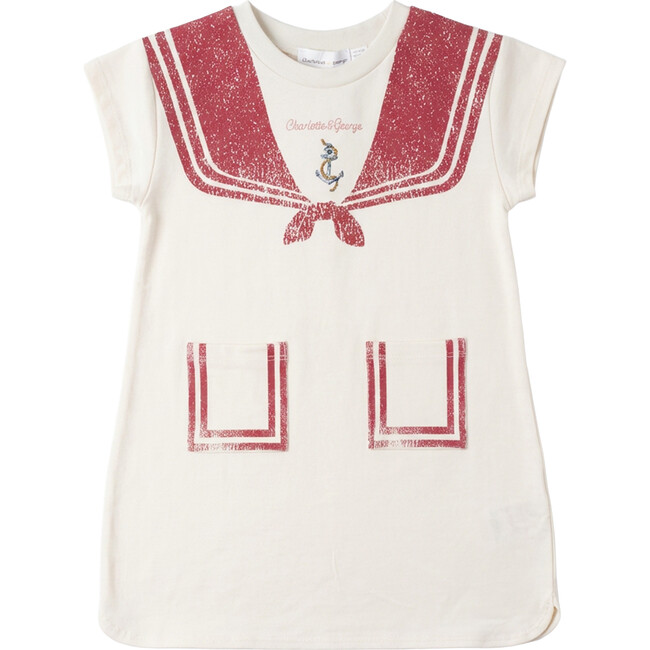 Sailor Collar Printed Dress Cream/Red