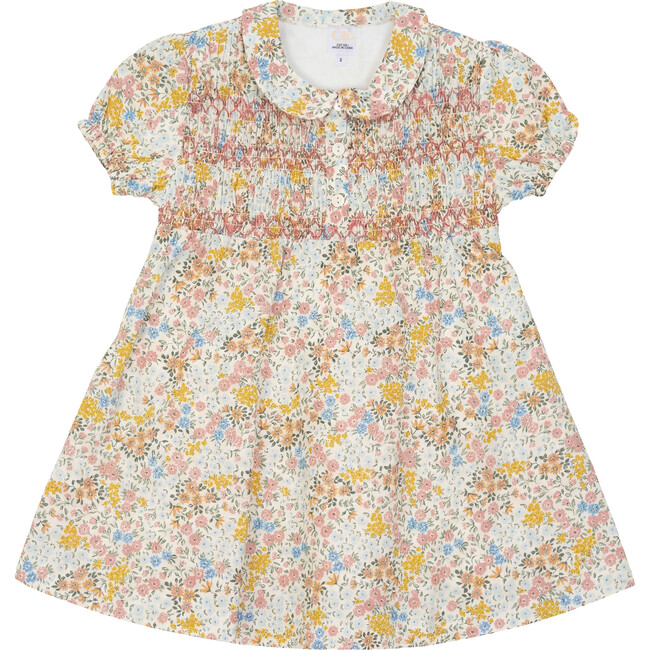 Multi Flower Print Girls Dress With Front Smocking Pink