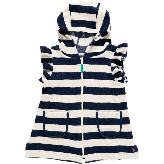 Girls Terry Coverup, Wide Blue Stripe Navy Stripe