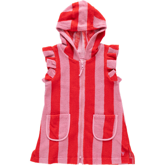 Girls Terry Coverup, Pink Red Stripe Wide Pink and Red Stripe