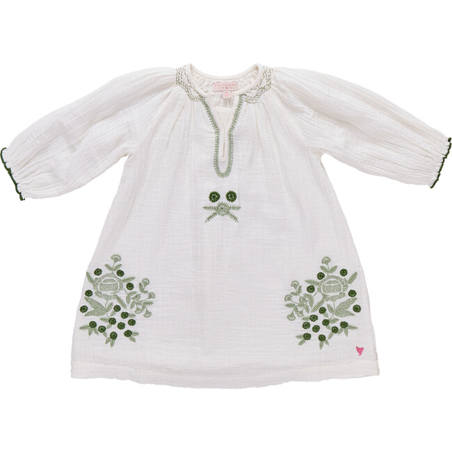 Girls Ava Dress, Green Embroidery Green Embroidery