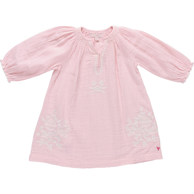 Girls Ava Dress, Pink White Embroidery Pink White Embroidery