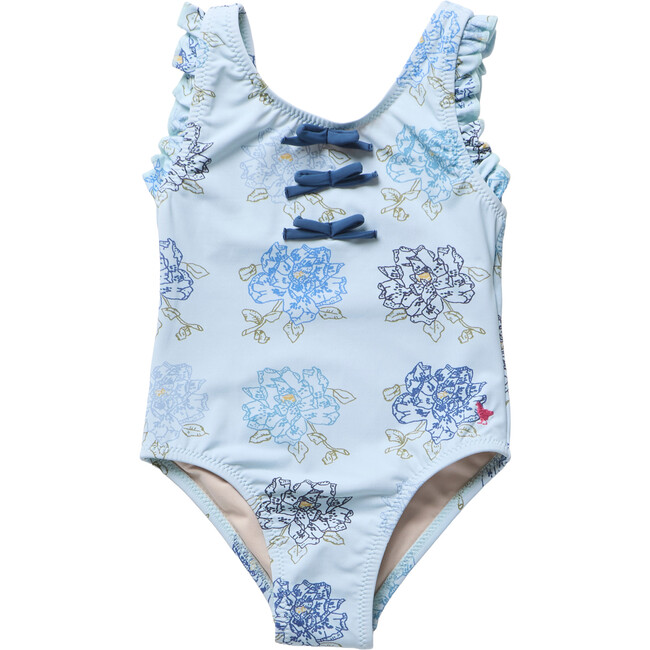 Girls Sylvie Bow Suit, Blue Quilt Floral Blue Quilt Floral
