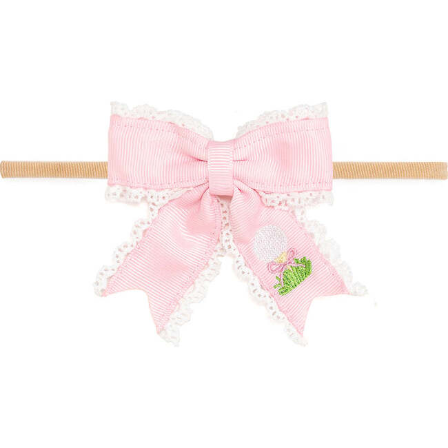 Golf Tee Embroidered Lace Bow Baby Headband, Pink