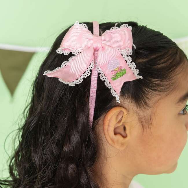 Golf Tee Embroidered Lace Bow Headband, Pink - Hair Accessories - 3