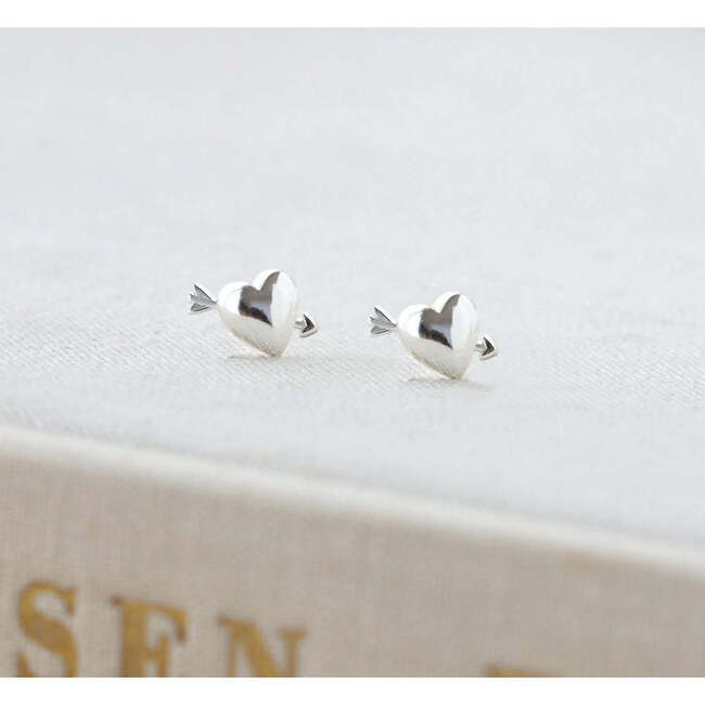 Heart with Arrow Stud Earrings, Silver - Earrings - 4