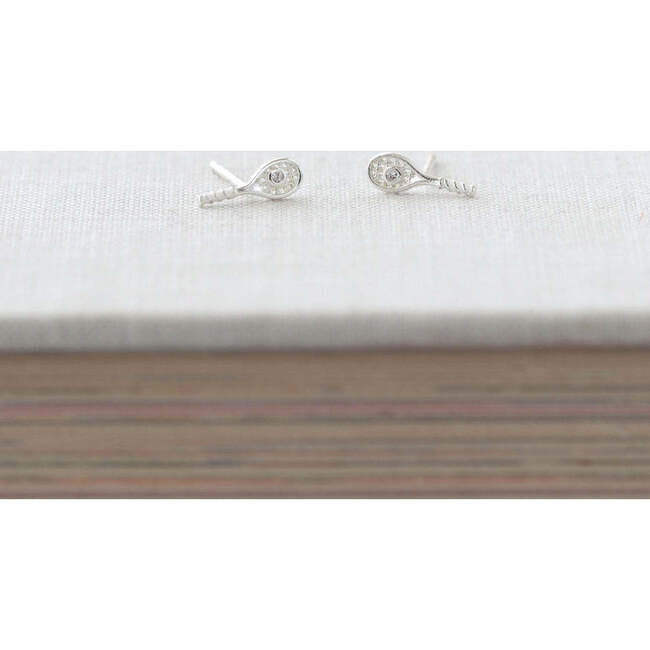 Tennis Racket Crystal and Enamel Stud Earrings, Silver - Earrings - 3