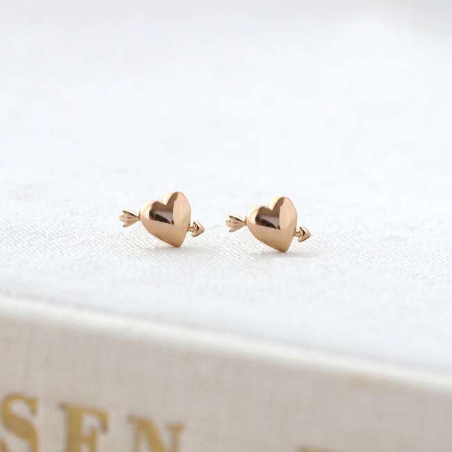 Heart with Arrow Stud Earrings, Gold - Earrings - 4
