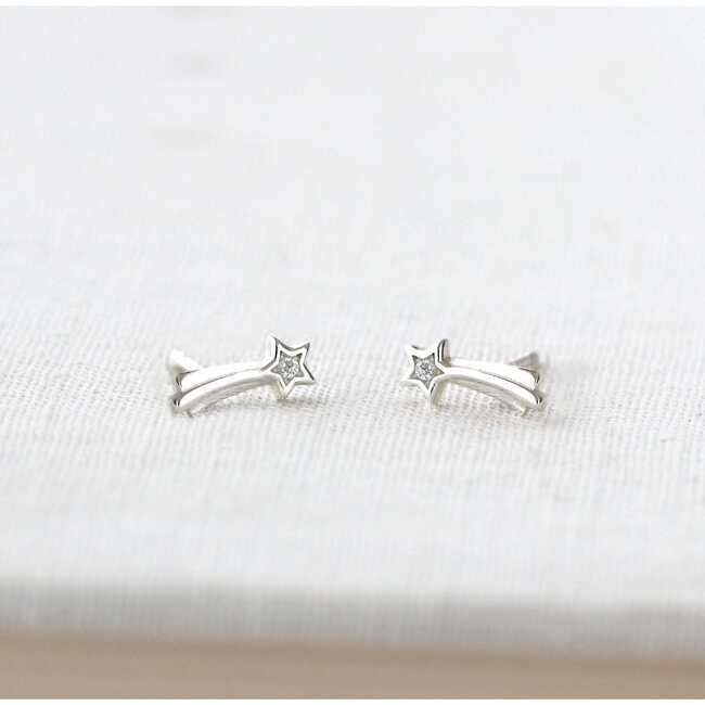 Shooting Star with Crystals Stud Earrings, Silver - Earrings - 3