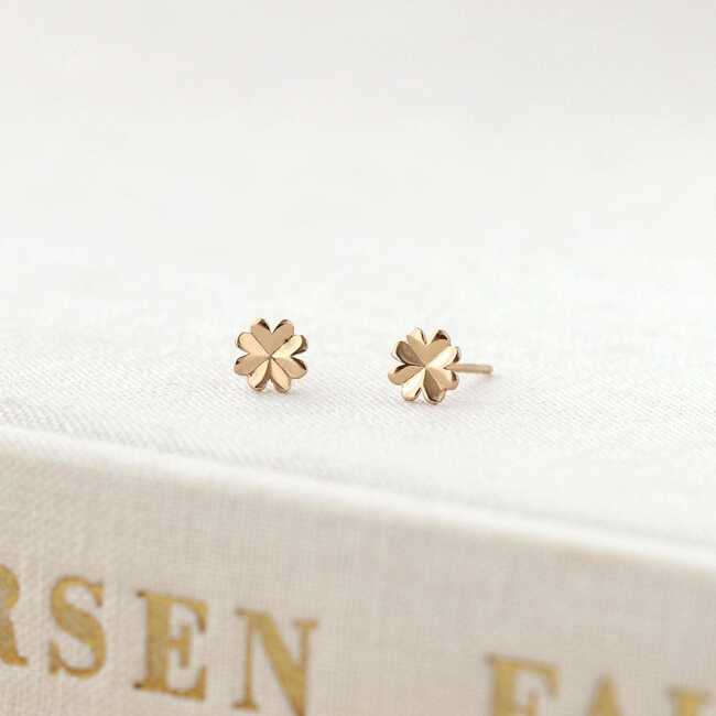 Four Leaf Clover Stud Earrings, Gold - Earrings - 4