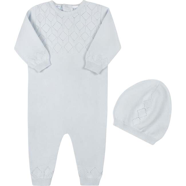 Lux Pointelle Knit Romper w/Hat Blue