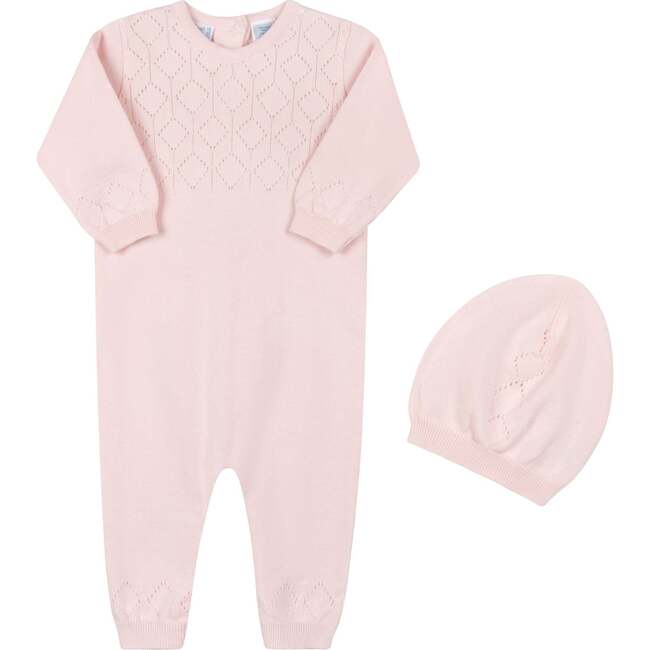 Lux Pointelle Knit Romper w/Hat Pink