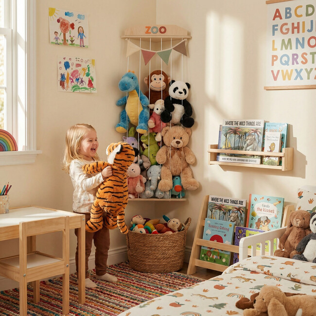 Stuffed Animal Storage Zoo with Decorative Muslin Garland