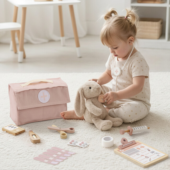 Wooden Doctor Play Set for Toddlers, Pink - Play Kits - 4