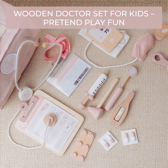 Wooden Doctor Play Set for Toddlers, Pink - Play Kits - 5