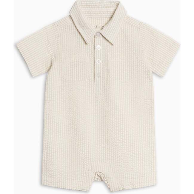 Mato Seersucker Collared Romper, Dune Stripe