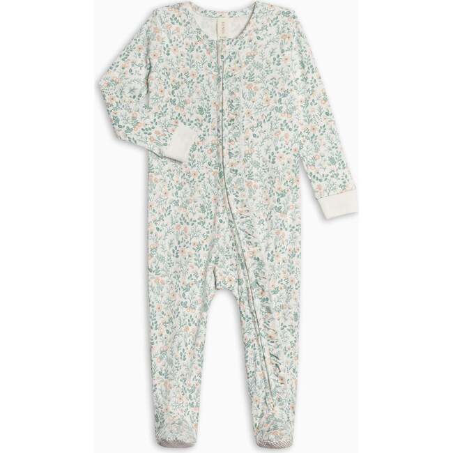 Neve Ruffle Zipper Footed Romper, Merion Floral / Laguna + Shell
