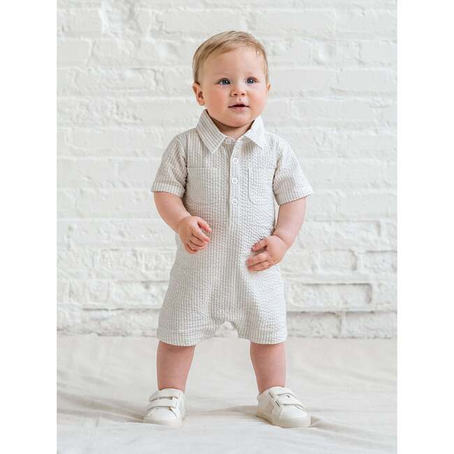 Mato Seersucker Collared Romper, Dune Stripe