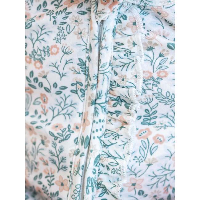 Neve Ruffle Zipper Footed Romper, Merion Floral / Laguna + Shell