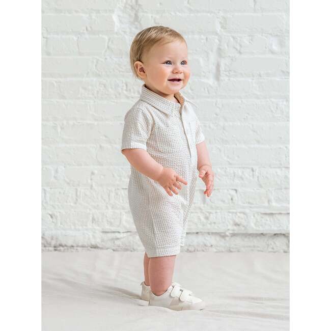 Mato Seersucker Collared Romper, Dune Stripe - Rompers - 3