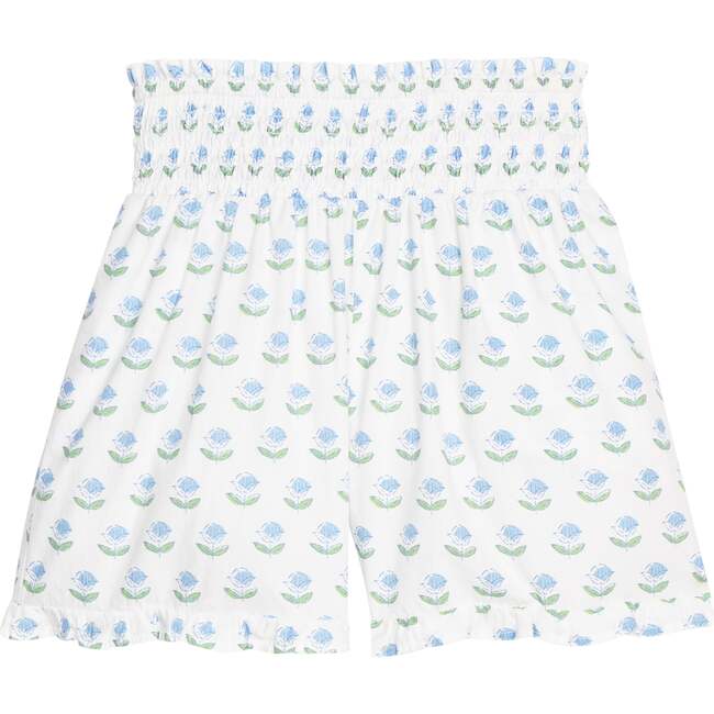 Shirred Ruffle Shorts, Blue Tulip Block Print