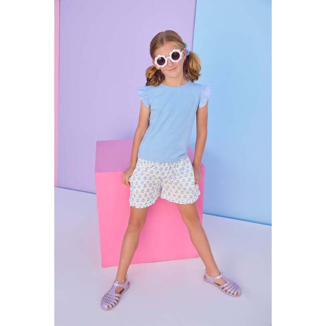 Shirred Ruffle Shorts, Blue Tulip Block Print - Shorts - 3