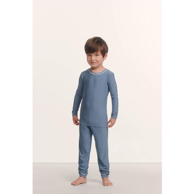 Kids Printed TENCEL™ Modal Unisex Long PJ Set, DUO STRIPE SLATE BLUE/IVORY