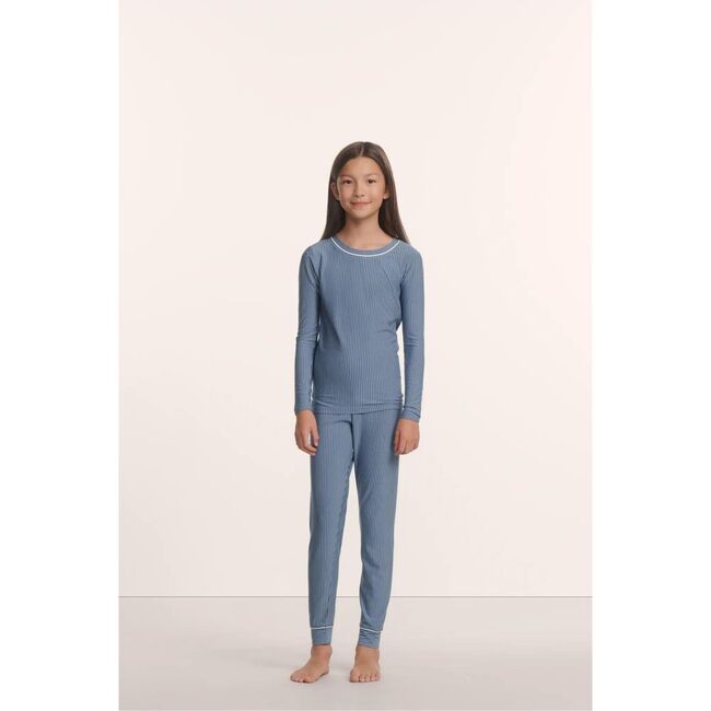 Kids Printed TENCEL™ Modal Unisex Long PJ Set, DUO STRIPE SLATE BLUE/IVORY