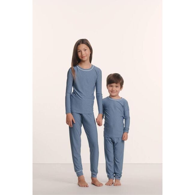 Kids Printed TENCEL™ Modal Unisex Long PJ Set, DUO STRIPE SLATE BLUE/IVORY - Pajamas - 4
