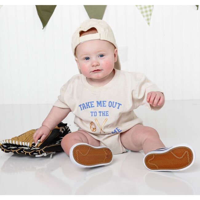 Take Me Out To The Ballgame Short Sleeve Romper, Natural - Rompers - 3