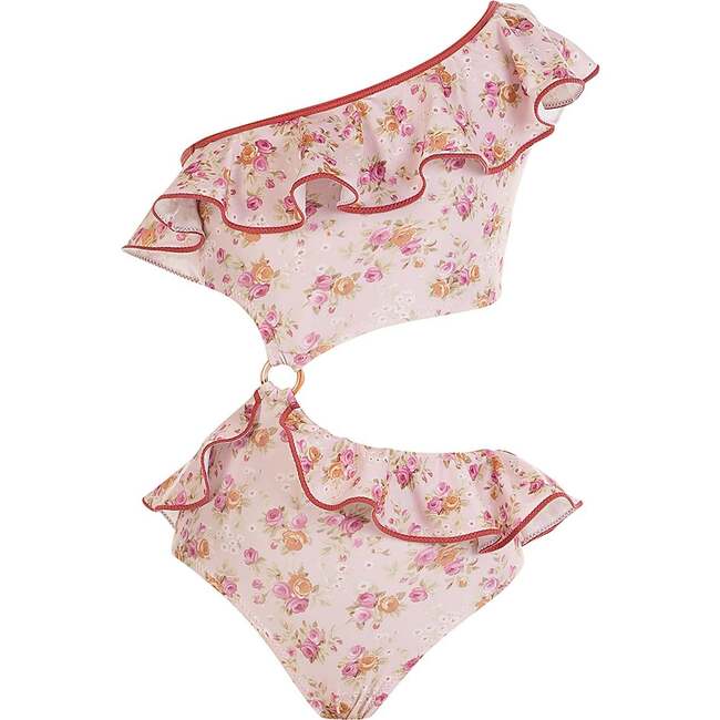 One Shoulder Floral Ruffled with Side Cutout and Ring Detail