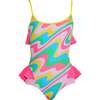 Sporty Multi Color Neon Orbit Side Ruffles One Piece Swimsuit - One Pieces - 1 - thumbnail