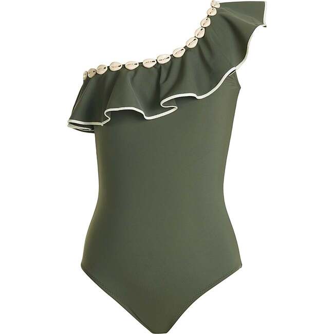 One Shoulder Ruffle with Shell Detail One Piece Swimsuit