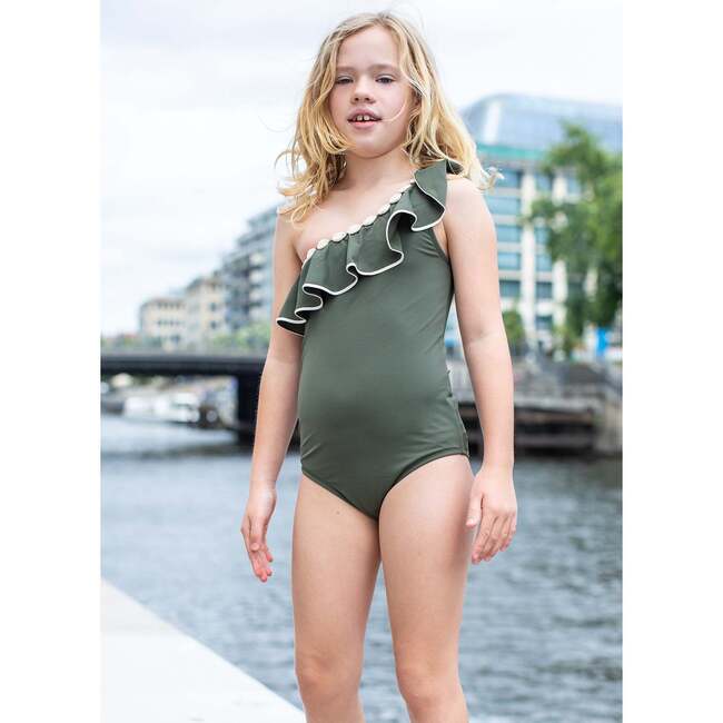 One Shoulder Ruffle with Shell Detail One Piece Swimsuit
