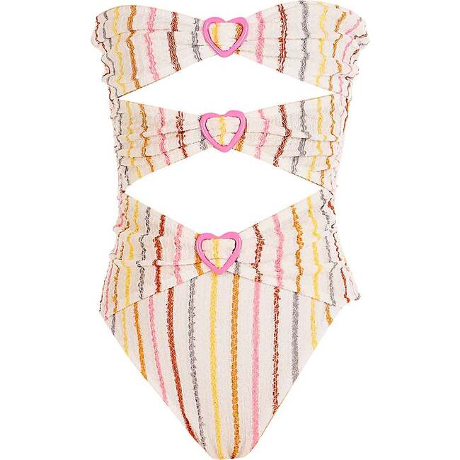 Multi Color Striped Cutout Heart-Shaped Buckles One Piece Swimsuit