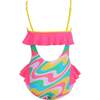 Sporty Multi Color Neon Orbit Side Ruffles One Piece Swimsuit - One Pieces - 4