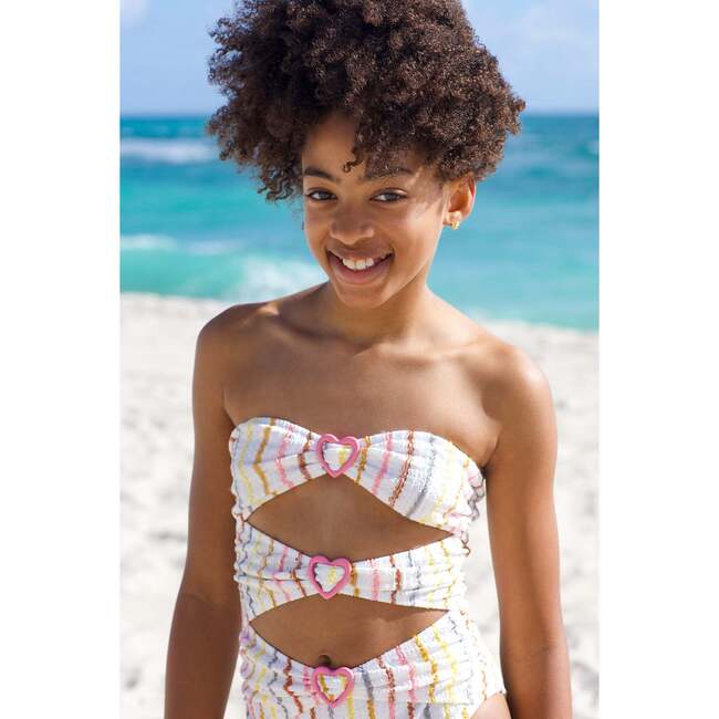 Multi Color Striped Cutout Heart-Shaped Buckles One Piece Swimsuit