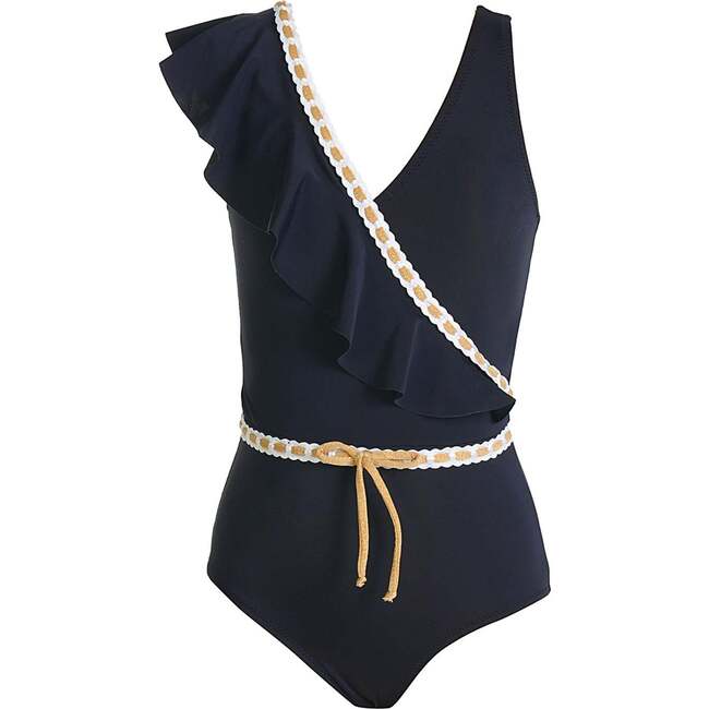 Asymmetrical Ruffle Decorative Embroidery Accents One Piece Swimsuit